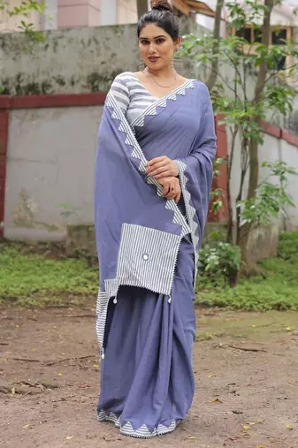 Dusty blue patch work cotton saree with blouse
