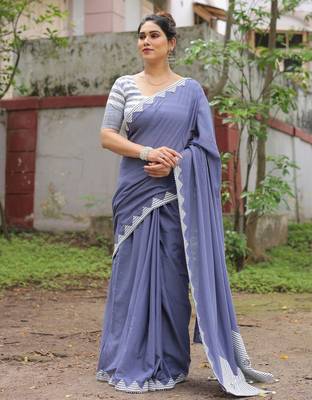 Dusty blue patch work cotton saree with blouse 5