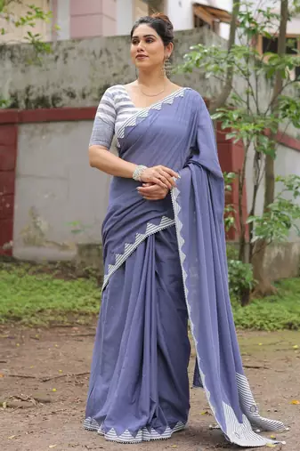 Dusty blue patch work cotton saree with blouse