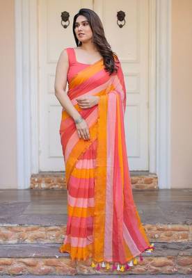 Multi color stripes mul cotton saree with blouse 1