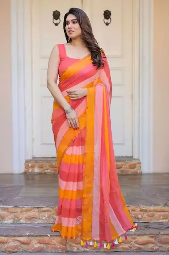 Multi color stripes mul cotton saree with blouse