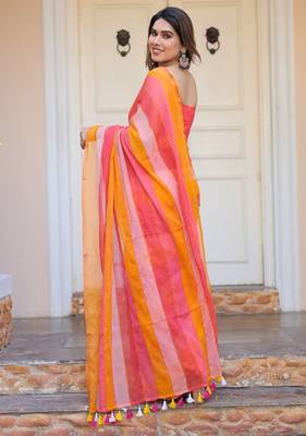 Multi color stripes mul cotton saree with blouse 2