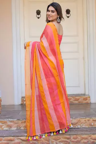 Multi color stripes mul cotton saree with blouse