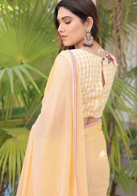 Yellow mul cotton saree with blouse 2