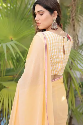 Yellow mul cotton saree with blouse