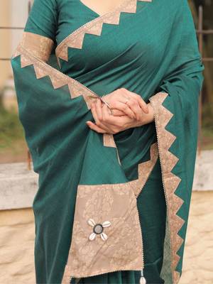 Bottle green patch work saree with blouse 4