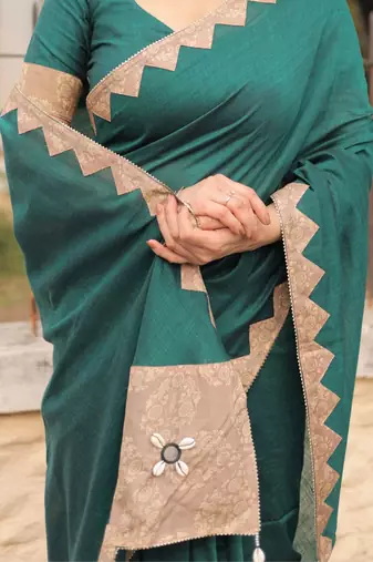 Bottle green patch work saree with blouse