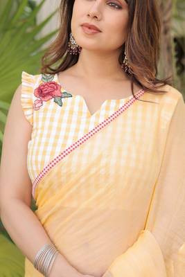 Yellow mul cotton saree with blouse 4