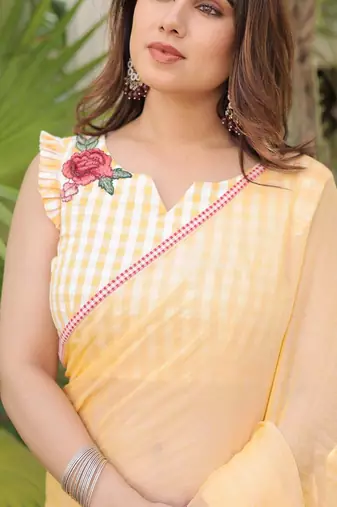 Yellow mul cotton saree with blouse