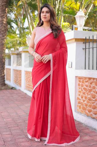 Red mul cotton saree with blouse
