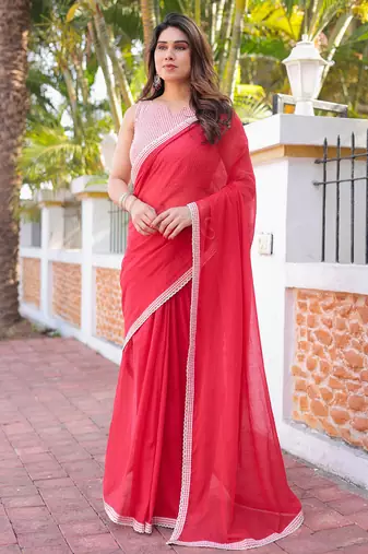 Red mul cotton saree with blouse