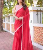 Red mul cotton saree with blouse