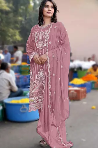 Pink chiffon semi stitched suit with embroidery & sequence work