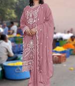 Pink chiffon semi stitched suit with embroidery & sequence work