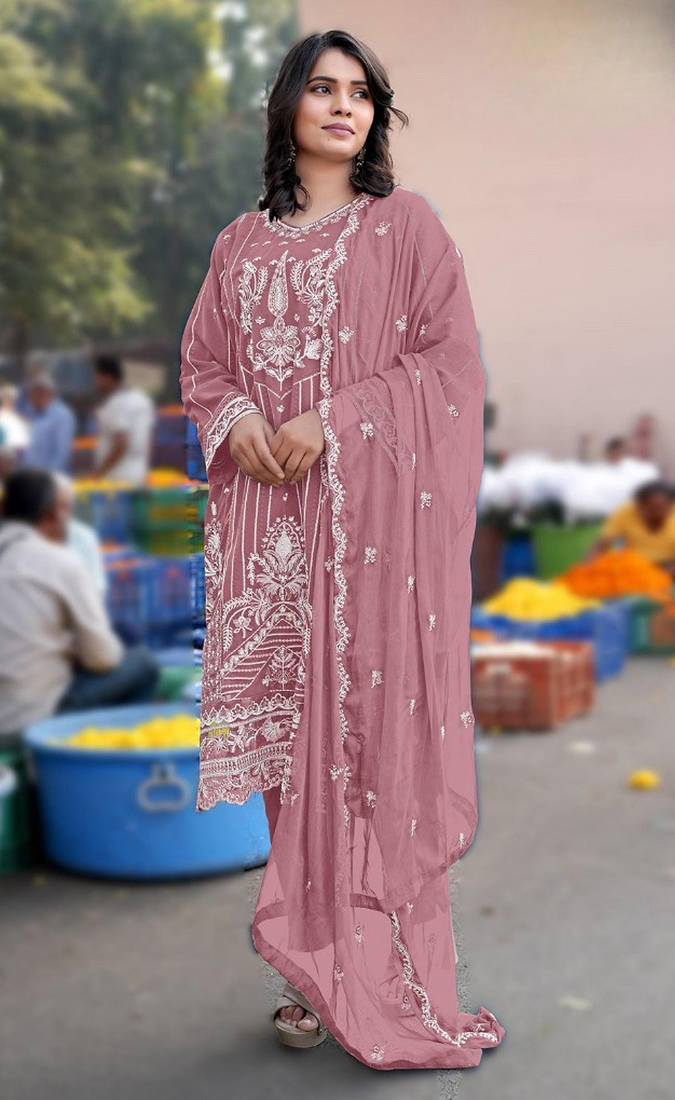 Pink chiffon semi stitched suit with embroidery & sequence work