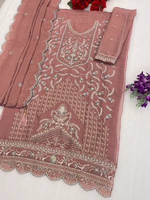 Pink chiffon suit with embroidered sequin  2