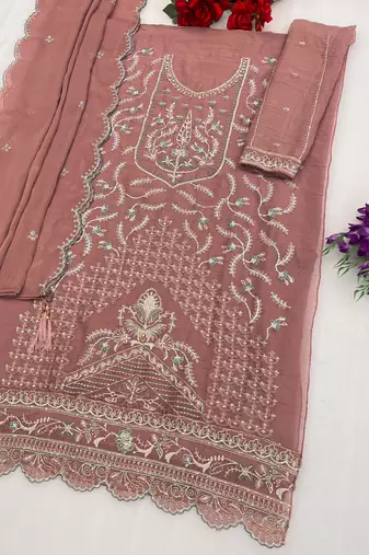 Pink chiffon suit with embroidered sequin 