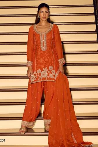 Orange chinon free size stitched suit with embroidery & beats work