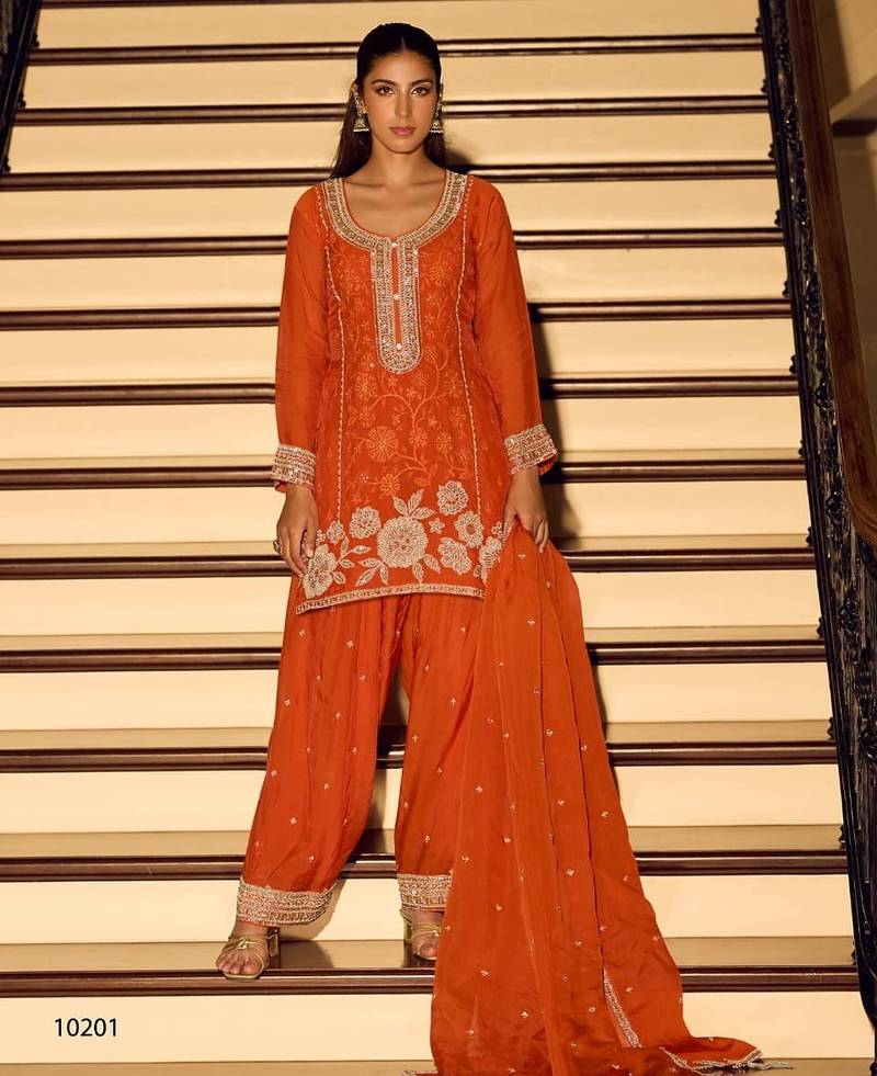 Orange chinon free size stitched suit with embroidery & beats work