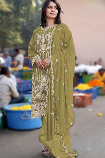 Mustard chiffon semi stitched suit with embroidery & sequence work