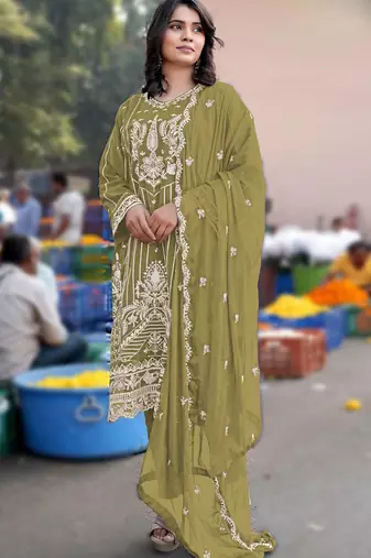 Mustard chiffon semi stitched suit with embroidery & sequence work