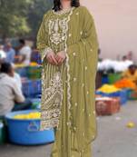 Mustard chiffon semi stitched suit with embroidery & sequence work