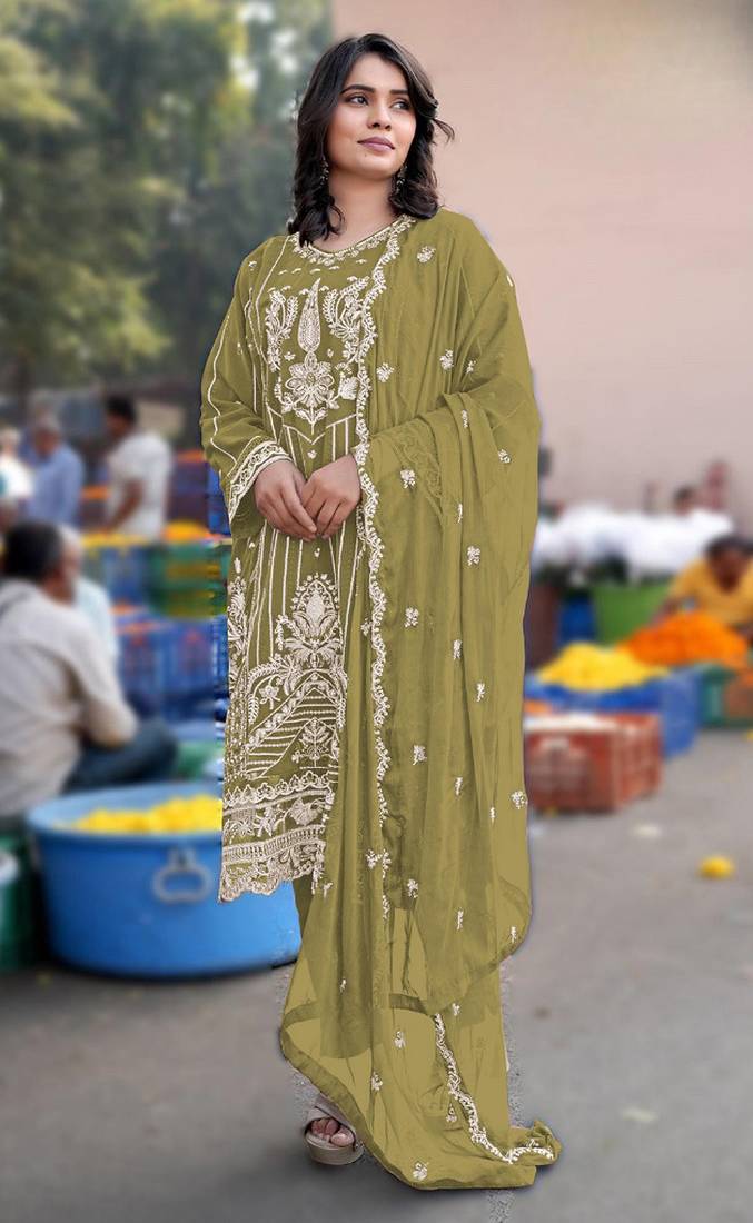 Mustard chiffon semi stitched suit with embroidery & sequence work