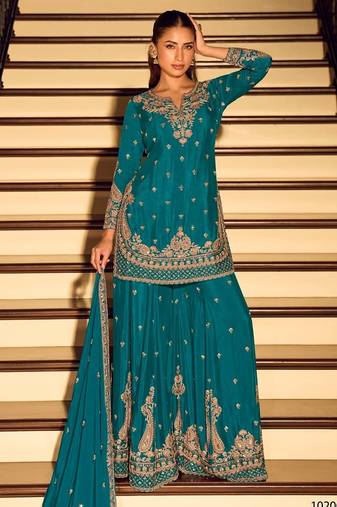 Teal chinon free size stitched suit with embroidery & beats work