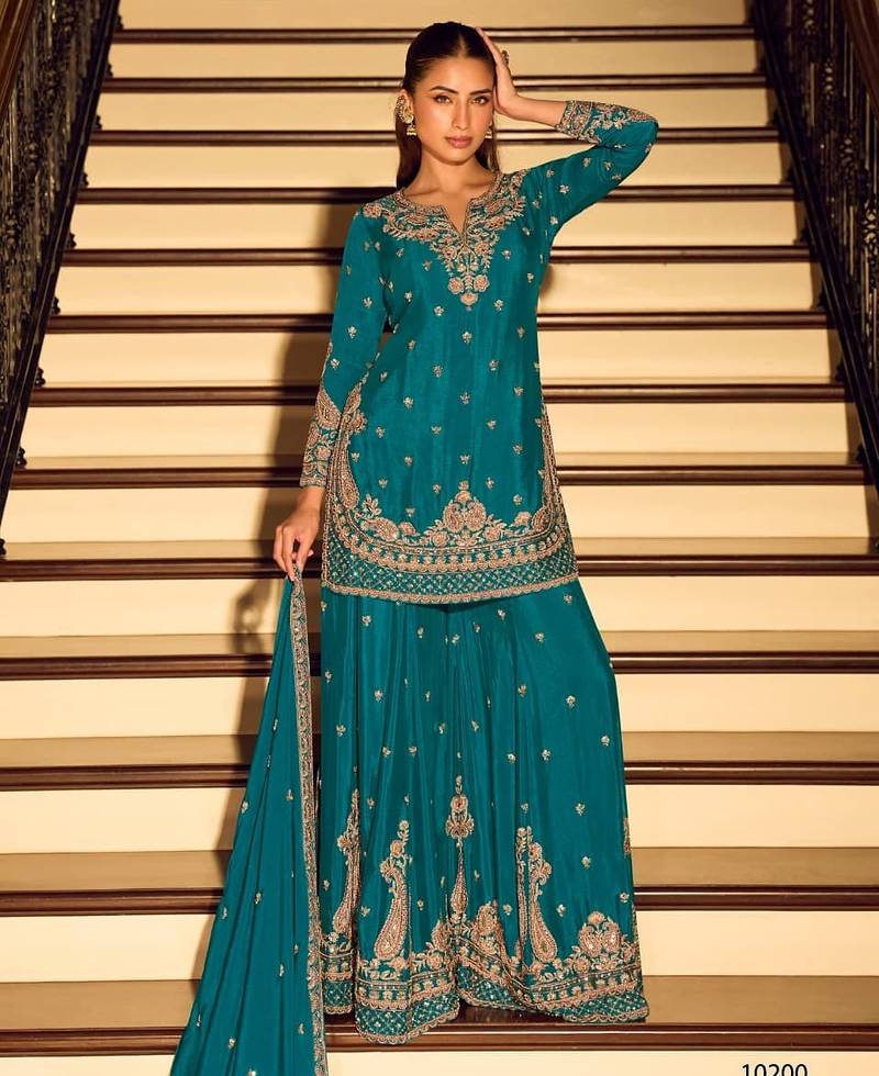 Teal chinon free size stitched suit with embroidery & beats work
