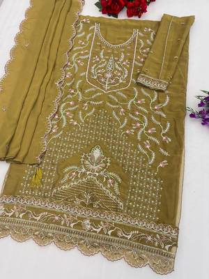 Mustard chiffon suit with embroidered sequin  2