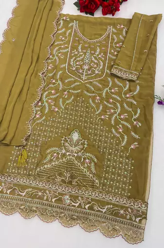 Mustard chiffon suit with embroidered sequin 
