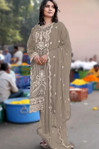 Grey chiffon semi stitched suit with embroidery & sequence work