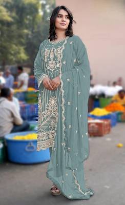 Turquoise chiffon suit with embroidered sequin  1