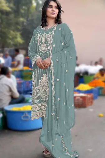 Turquoise chiffon semi stitched suit with embroidery & sequence work