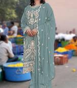 Turquoise chiffon semi stitched suit with embroidery & sequence work