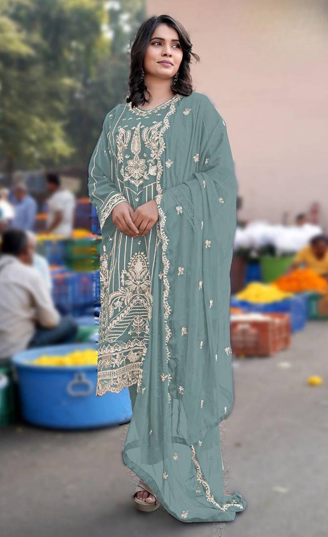 Turquoise chiffon semi stitched suit with embroidery & sequence work