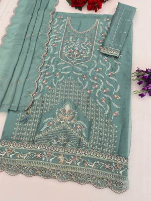 Turquoise chiffon suit with embroidered sequin  2