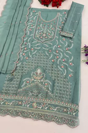 Turquoise chiffon suit with embroidered sequin 