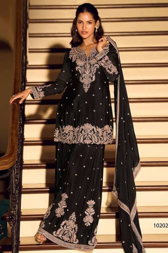 Black chinon free size stitched suit with embroidery & beats work