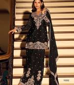 Black chinon free size stitched suit with embroidered beats 