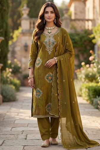 Mehendi silk unstitched suit with printed & khatli work