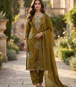 Mehendi silk unstitched suit with printed & khatli work