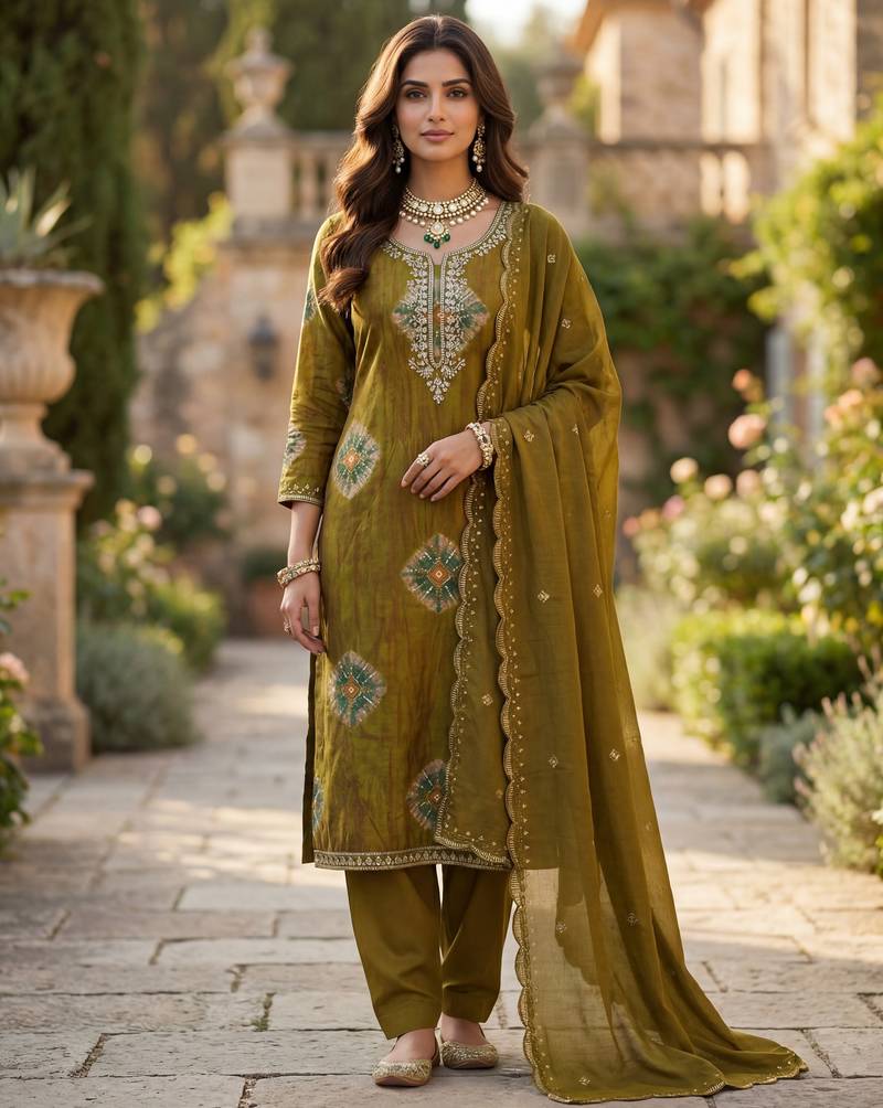 Mehendi silk unstitched suit with printed & khatli work