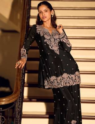 Black chinon free size stitched suit with embroidered beats  2