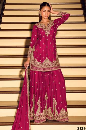 Magenta chinon semi stitched suit with embroidery & beats work