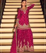 Magenta chinon suit with embroidered beats 
