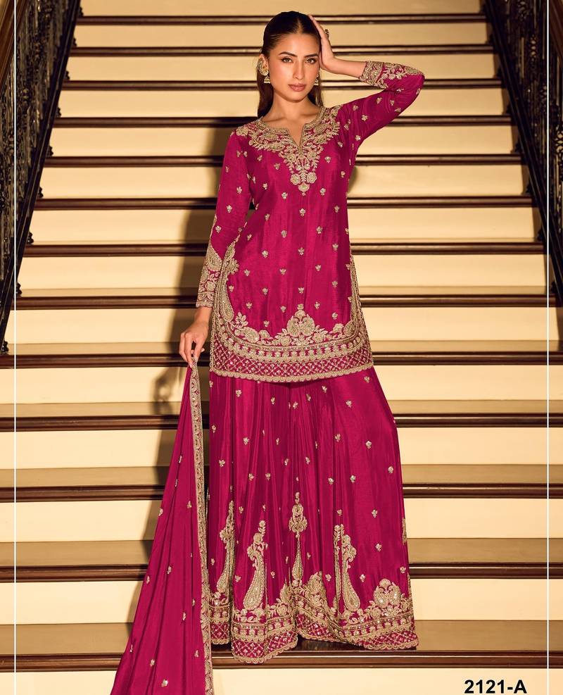 Magenta chinon semi stitched suit with embroidery & beats work