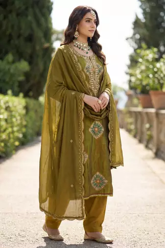 Mehendi silk unstitched suit with printed