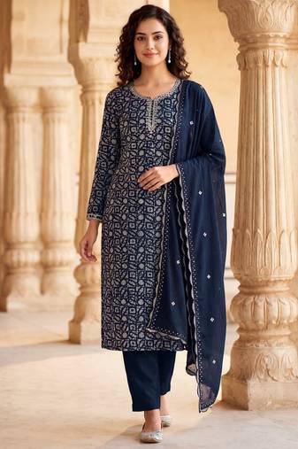 Navy silk unstitched suit with printed & khatli work