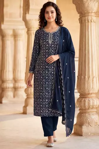 Navy silk unstitched suit with printed & khatli work